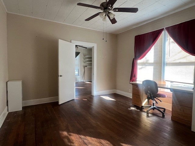 unfurnished office featuring crown molding, dark hardwood / wood-style floors, and ceiling fan