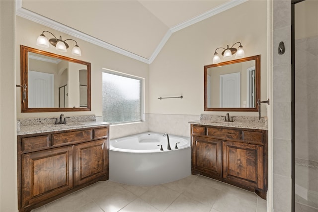 bathroom with tile patterned floors, crown molding, vanity, and vaulted ceiling