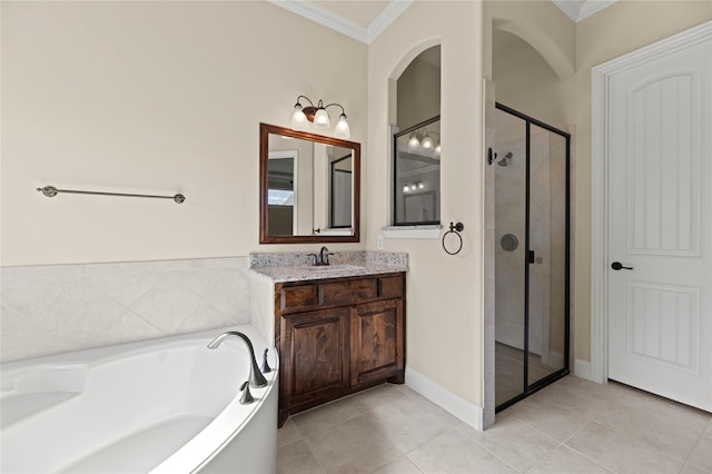 bathroom featuring separate shower and tub, tile patterned flooring, vanity, and ornamental molding