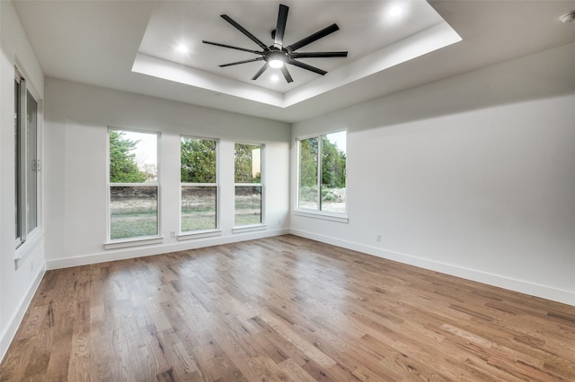 spare room with light wood-type flooring, a raised ceiling, and ceiling fan