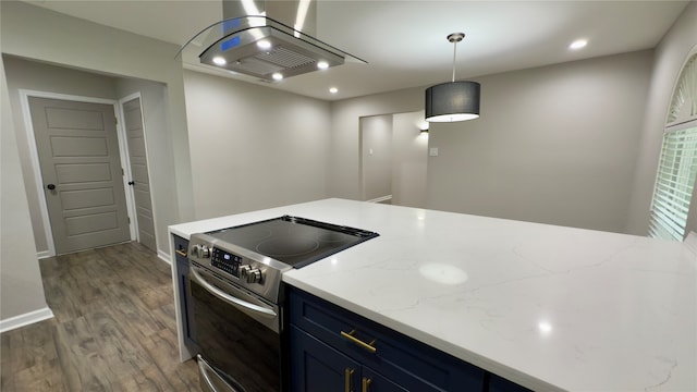 kitchen featuring island range hood, blue cabinets, dark hardwood / wood-style floors, stainless steel electric stove, and pendant lighting