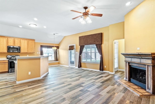 kitchen with light wood-type flooring, appliances with stainless steel finishes, hanging light fixtures, and plenty of natural light