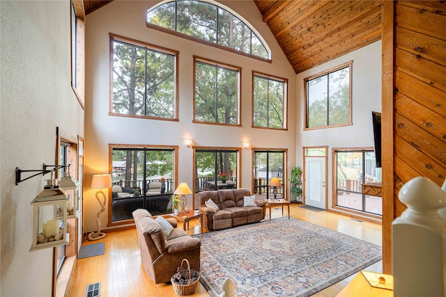 living room featuring high vaulted ceiling, wood ceiling, and light hardwood / wood-style flooring