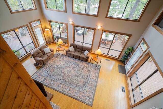 living room with a high ceiling and hardwood / wood-style flooring