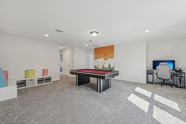 recreation room with billiards and carpet floors