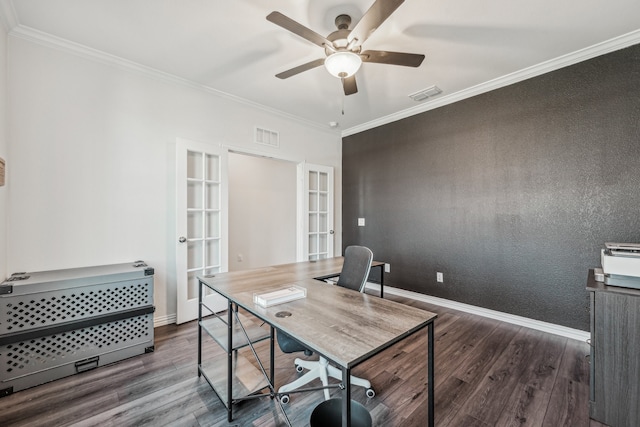 office with dark hardwood / wood-style flooring, ceiling fan, french doors, and ornamental molding