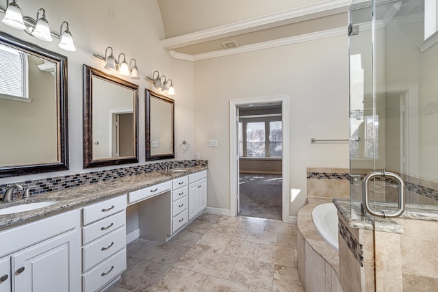 bathroom featuring vanity, shower with separate bathtub, and crown molding