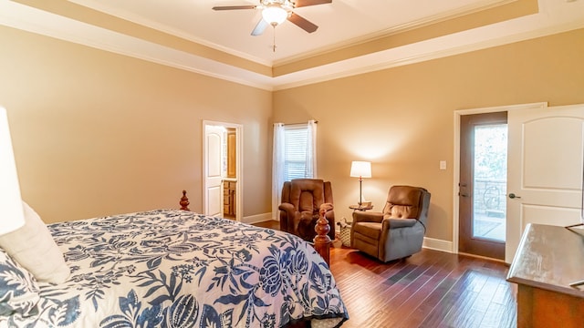 bedroom with ornamental molding, multiple windows, ceiling fan, and dark hardwood / wood-style floors