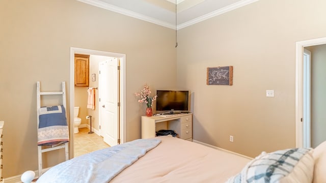 bedroom with connected bathroom and ornamental molding