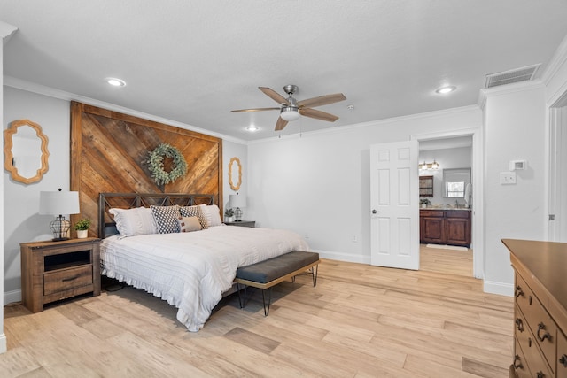 bedroom with crown molding, ceiling fan, and light hardwood / wood-style flooring