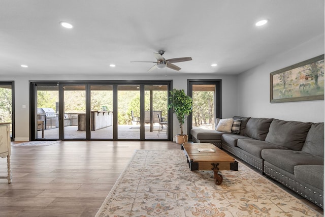 living room featuring plenty of natural light, light hardwood / wood-style floors, and ceiling fan