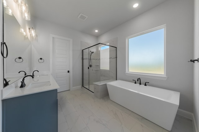 bathroom with plus walk in shower and vanity