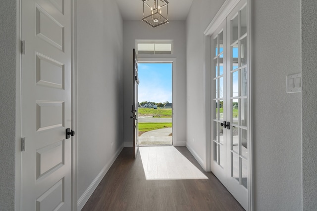 doorway with french doors and dark wood-type flooring