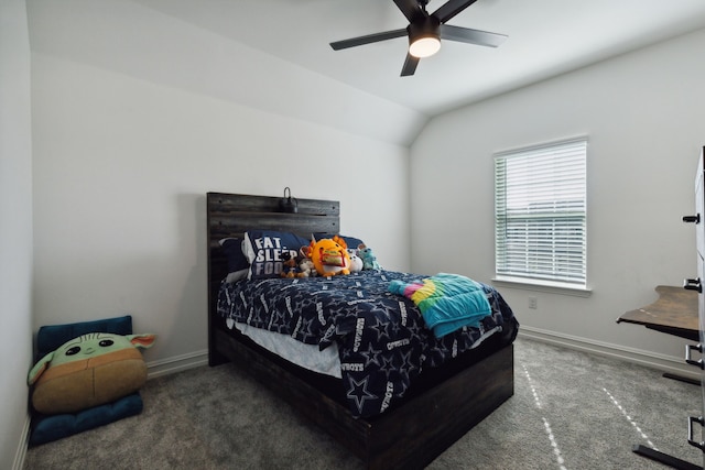 carpeted bedroom featuring ceiling fan and vaulted ceiling