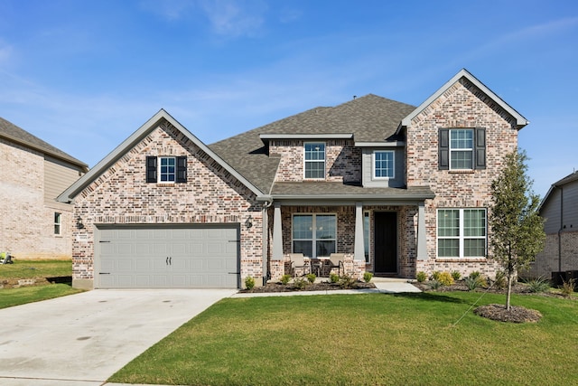 view of front of home with a garage and a front lawn