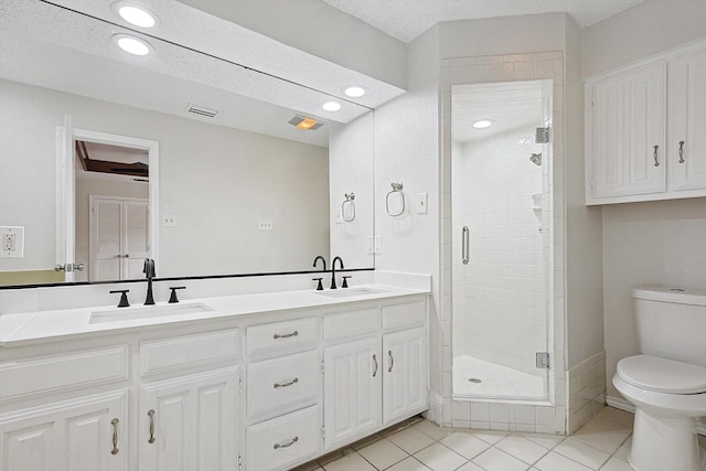 full bath with a shower stall, toilet, tile patterned floors, and a sink