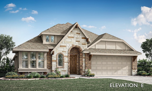 tudor-style house with a front lawn and a garage