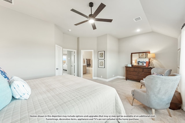 carpeted bedroom with ensuite bath, ceiling fan, and vaulted ceiling