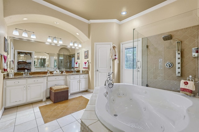 bathroom with ornamental molding, vanity, separate shower and tub, and tile patterned floors