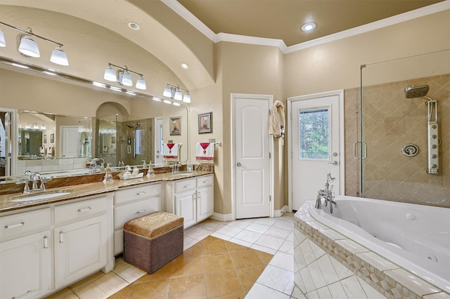 bathroom featuring ornamental molding, vanity, tile patterned floors, and independent shower and bath