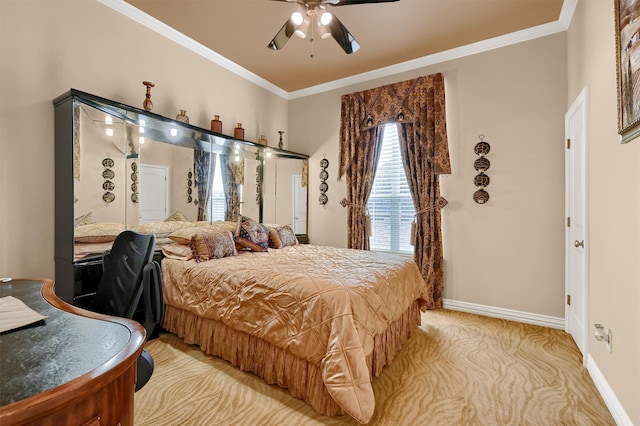 bedroom with ornamental molding, light carpet, and ceiling fan