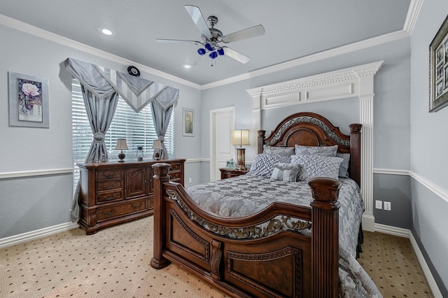 bedroom featuring ornamental molding and ceiling fan