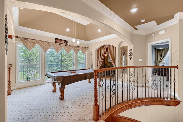 rec room featuring pool table and ornamental molding