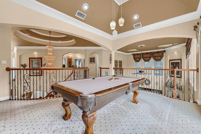 game room featuring ornamental molding, billiards, and an inviting chandelier