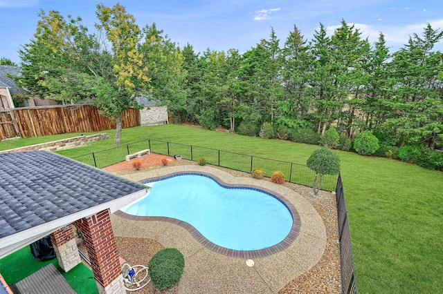 view of pool featuring a patio area and a lawn