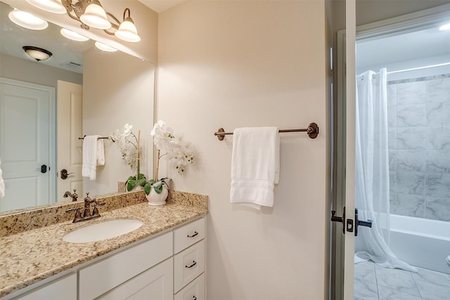 bathroom with vanity and shower / bathtub combination with curtain