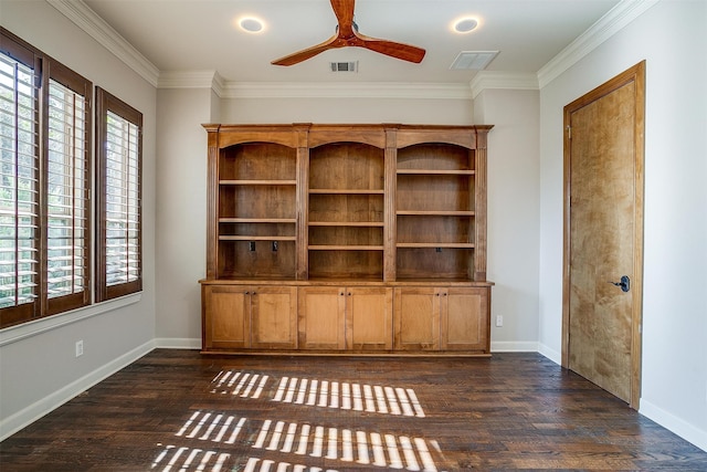 unfurnished office featuring ornamental molding, dark hardwood / wood-style floors, and ceiling fan