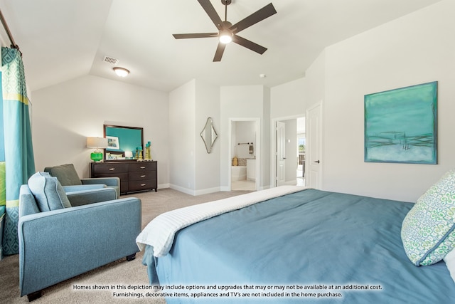 carpeted bedroom with ensuite bathroom, ceiling fan, and vaulted ceiling