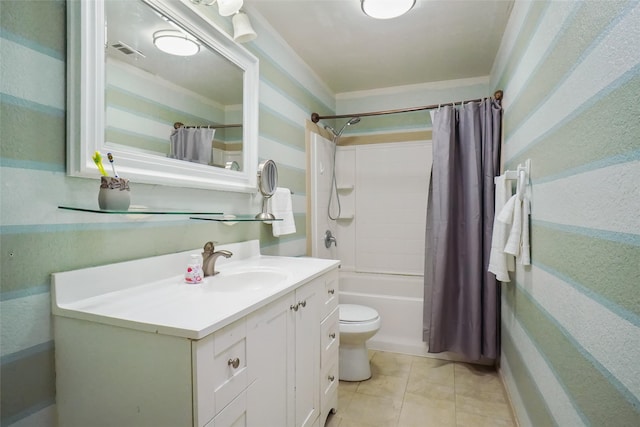 full bathroom featuring shower / tub combo with curtain, vanity, toilet, and tile patterned flooring