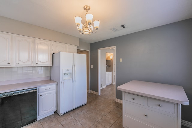 kitchen featuring white cabinetry, backsplash, white fridge with ice dispenser, pendant lighting, and black dishwasher