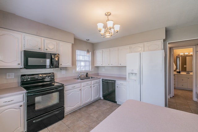 kitchen with white cabinetry, sink, black appliances, a chandelier, and decorative backsplash