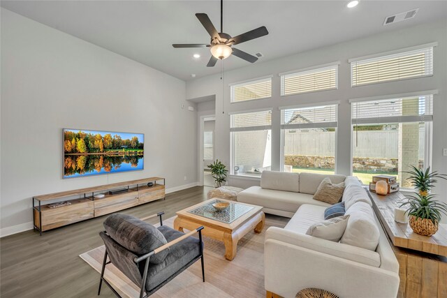 living room with ceiling fan and wood-type flooring