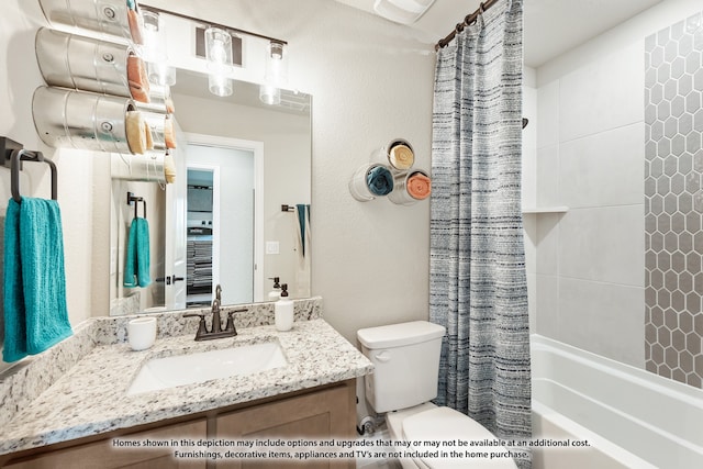 full bathroom with toilet, vanity, and shower / bathtub combination with curtain