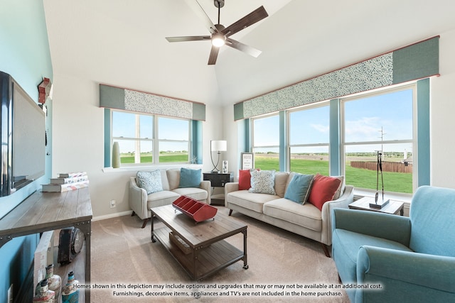 carpeted living room featuring high vaulted ceiling and ceiling fan