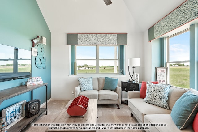 carpeted living room with lofted ceiling