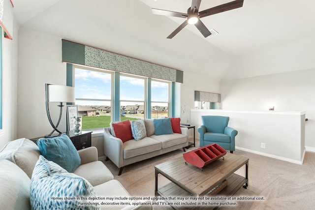 living room featuring lofted ceiling, light colored carpet, and ceiling fan