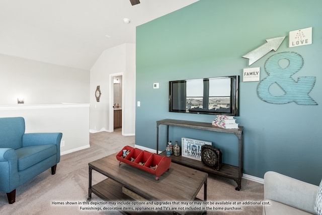 carpeted living room with lofted ceiling