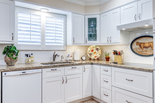 kitchen featuring light stone counters, crown molding, white cabinetry, sink, and dishwasher