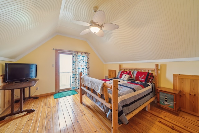 bedroom with access to outside, ceiling fan, light hardwood / wood-style floors, and lofted ceiling