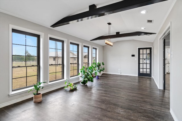 interior space with vaulted ceiling with beams