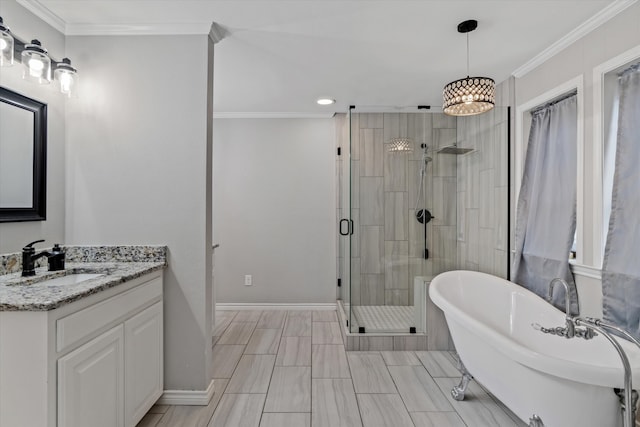 bathroom featuring independent shower and bath, vanity, and ornamental molding