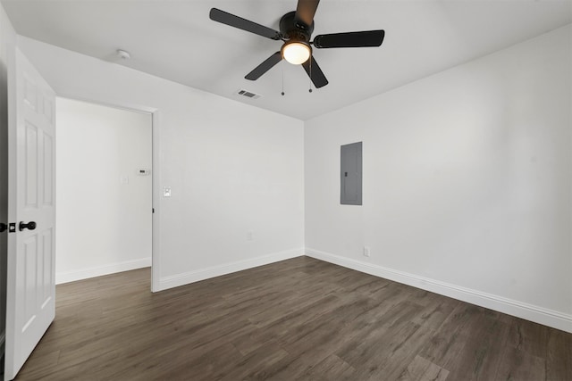 empty room with dark hardwood / wood-style floors, electric panel, and ceiling fan