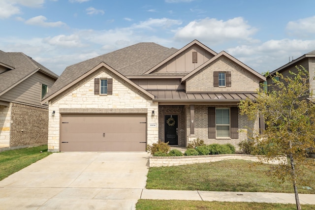 2614 Cowbird Way, Northlake, TX 76247 - craftsman-style house featuring a garage, a standing seam roof, driveway, brick siding, and a porch