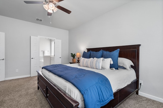 bedroom with carpet, ensuite bath, and ceiling fan