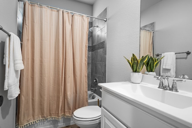 2614 Cowbird Way, Northlake, TX 76247 - full bathroom featuring vanity, shower / bathtub combination with curtain, and a textured wall