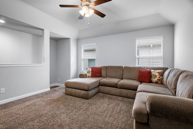 living room with carpet and ceiling fan